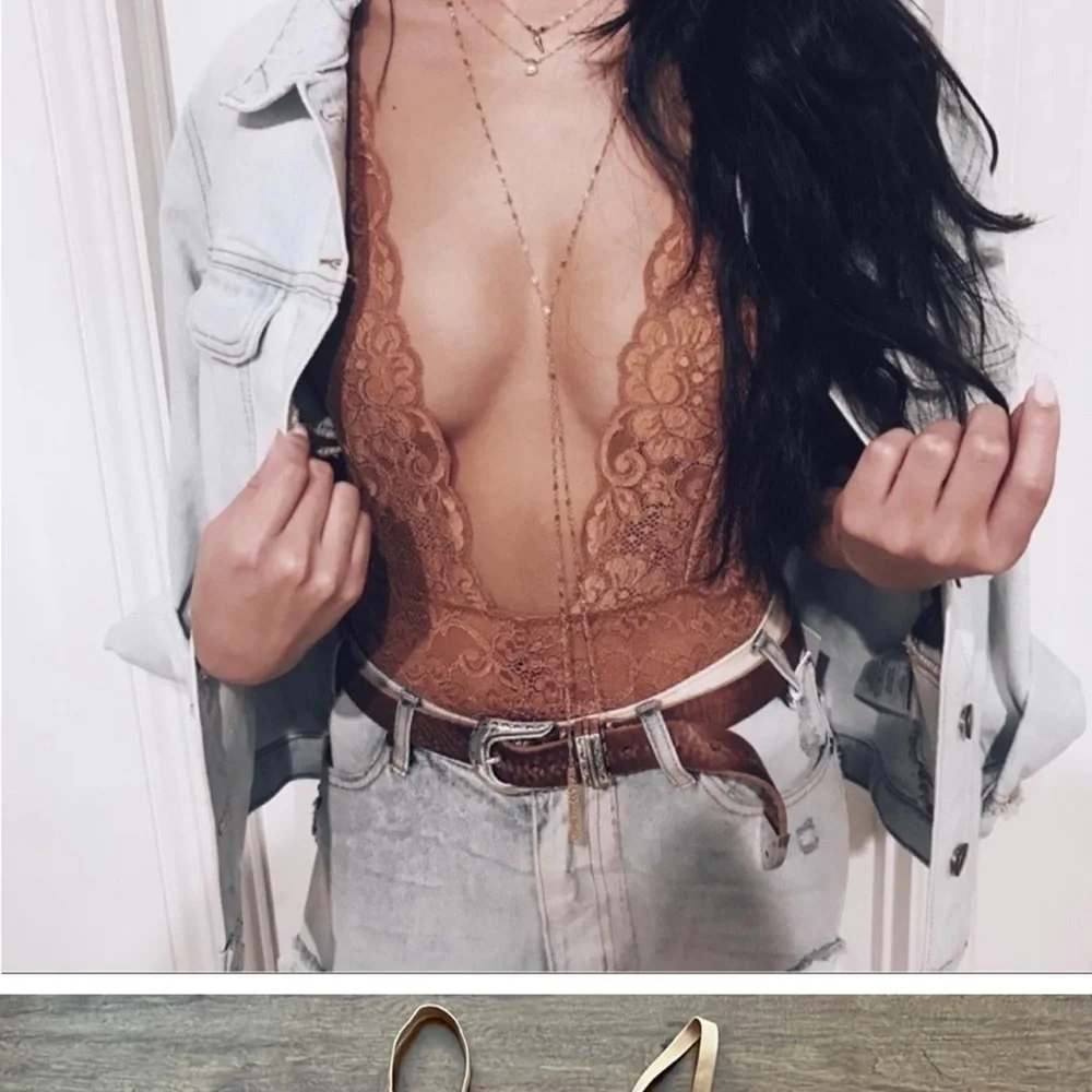 NWT $78 Free People X HAH Comin in Haht Lace Bodysuit Top Size XS Brown Sugar